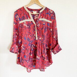 Maeve Anthropologie Popover Top 4 Pink Blue Floral Crochet Trim Flowy
